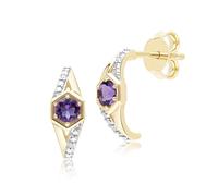 Géométrique Hexagone Rond Améthyste & Diamant Demi Hoop Earrings IN 9ct or Jaune