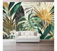 Géométrique Ligne Plante Feuille Palmier Papier Peint Panoramique | 350 x 256 cm Multicolore Papier peint Intissé, Bohème Style pour Salon et Chambre, Revêtement Mural
