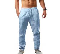 Georcep Mens Drawstring Linen Pants - Lightweight Beach Pants with Pockets, Summer Trousers for Yoga Travel Lounge (G-Blue,TG)