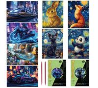 Georgie Porgy Scratch Art Kit pour Enfants Adulte Magic Rainbow Papier à gratter Scratch Paper Painting pour Noël Cadeau d'anniversaire (A5-Noctilucent Animaux Mignons + Voitures de Course)