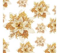 Geosar 24 Pcs Fleurs de Poinsettia Artificielles à Paillettes de Noël Décorations de Fleurs Poinsettia Mariage Ornements de Sapin de Noël avec Clips, 6 Pouces, 4 Pouces, 3 Pouces (Or)