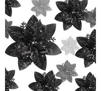 Geosar Lot de 24 Fleurs de Poinsettia artificielles à Paillettes pour décoration de Sapin de Noël avec Clips pour décorations de fête - 15,2 cm, 10,2 cm, 7,6 cm (Noir)