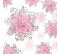 Geosar Lot de 36 Fleurs de Poinsettia artificielles à Paillettes pour décoration de Sapin de Noël Nouvel an (Rose)