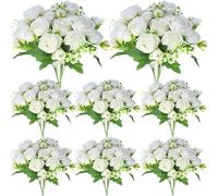 Geosar Lot de 8 Bouquets de 40 pivoines artificielles en Soie pour décoration de vases, Arrangements Floraux, Mariage, Maison, fête, Centre de Table (Blanc)