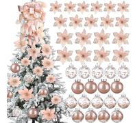 Geosar Set de 49 Pcs Décorations de Sapin de Noël Inclure Topper de Arbre de Noël, 24 Pcs Fleurs de Scintillantes de 3 Tailles, 24 Pcs 2,36 Pouces Ornements de Boules (Or Rose)