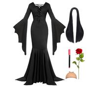 Geplaimir Costume d'Halloween pour femme - Robe longue gothique - Perruque noire avec casquette - Roses rouges artificielles - Costume de sorcière - Carnaval, fête, cosplay - G077-XXL