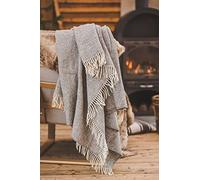 Ger3as Couverture 100 % laine de mouton de Nouvelle-Zélande - Idéal comme jeté de lit, plaid en laine vierge chaude avec franges (rayures grises, 140 x 240 cm)
