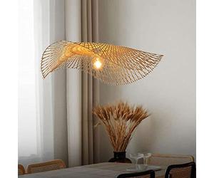 GERAGUR Éclairage en Matériaux Naturels Suspension Chapeau De Paille Abat-Jour en Rotin Et Osier Country Lustre Vintage en Bambou Luminaire Suspendu Tissé en Rotin Clair, Beige, 55cm
