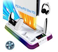 Gerbala Support PS5 pour PlayStation 5 Pro/Slim/Standard, Socle PS5 avec Chargeur Manette et Ventilateur à 3 Vitesses, Refroidisseur PS 5 avec RGB, Porte-Casque et 3 Ports USB