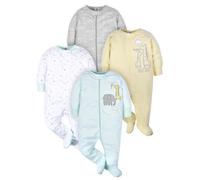 Gerber Sleep 'N Play Lot de 4 grenouillères pour bébé avec fermeture éclair sur le devant avec moufles anti-griffures, motif animaux