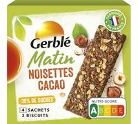 GERBLE Barres Petit Déjeuner Noisettes Cacao - 4 sachets de 3 biscuits - 120g - Nutri-Score A - Fabriqué en France - Réduction de 39% de sucres - Lot de 4