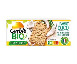 GERBLÉ BIO - Sablés Coco Pavot - Biscuits Bio Croquants - Riche en Fibres - Texture Croquante et Saveur Exotique - Sans Huile de Palme - Nutri-Score B - 4 Sachets Individuels - 132 g