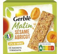 Gerblé Matin Barres Abricot Sésame - Nutri-Score A, Riche en Fibres, Réduites en Sucres - Barres Fruitées pour le Petit-Déjeuner, 120 g