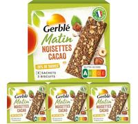 Gerblé Matin Barres Cacao Noisette - Réduites en Sucres, Riches en Fibres et Vitamines - Encas Énergétique à Emporter, 3 Barres, 120 g (Lot de 4)
