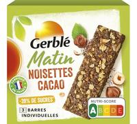 Gerblé Matin Barres Cacao Noisette - Réduits en sucres - Riches en Fibres - Pour le Petit-Déjeuner - 3 barres - 120 g
