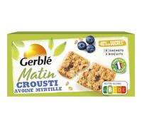 GERBLÉ MATIN - Biscuit Crousti Avoine Myrtille Petit Déjeuner - Riche en Fibres - Nutri-Score B - 4 Sachets Individuels - 200 g