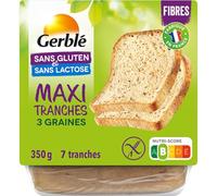 GERBLE Pain de Mie Maxi Tranches 3 Graines Sans Gluten 350 g - 7 Tranches Moelleuses Sans Lactose Fabriqué en France - Lot de 3