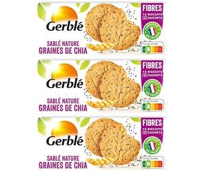 GERBLÉ - Sablé Nature aux Graines de Chia - Riche en Fibres - Réduit en Sucres - Sans Huile de Palme - Nutri-Score B - 3 Sachets Individuels - 12 Biscuits - 132 g