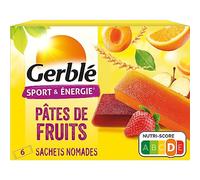 Gerblé Sport et Énergie, Pâtes de Fruits saveurs Pomme-Fraise, Pomme-Abricot, Pomme-Orange, Riches en glucides et en vitamine B1, 6 Emballages individuels, 162 g, 99281