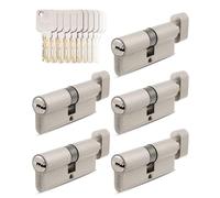 GERCAR Lot de 5 cylindres à bouton 30/30 à fermeture identique - 5 cylindres de serrure avec bouton et 25 clés - Serrure de porte de 60 mm - Longueur : 60 mm - A : 30 - B:30 - En laiton massif mat