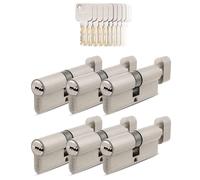GERCAR Lot de 6 cylindres à bouton 30/30 à fermeture identique - 6 cylindres de serrure avec bouton et 30 clés - Serrure de porte de 60 mm - Longueur : 60 mm - A : 30 B : 30 - En laiton massif mat