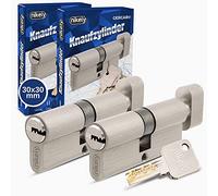 GERCAR Pro Lot de 2 cylindres à bouton 30/30 en laiton nickelé mat avec 10 clés réversibles Longueur : 60 mm A:30 B:30-2x