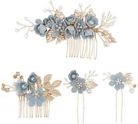 Gerg-Lot De 4 Peignes À Cheveux En Forme De Disque En Feuille D'or, Pinces À Cheveux De Mariage, Pinces À Cheveux En Cristal, Coiffures De Mariage Élégantes, Accessoires Pour Cheveux De Mariée (Bleu)