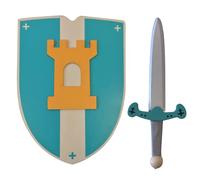 GERILEO Épée et Bouclier de Chevalier en Bois Faits à la Main - Jouet pour Enfants, Garçons et Filles - Compliment pour Jeux, Jeux d'imitation, déguisement, médiéval, Guerrier (Turquoise, 30 cm)