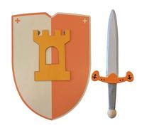GERILEO Épée et Bouclier de Chevalier en Bois Faits à la Main - Jouet pour Enfants, Garçons et Filles - Compliment pour Jeux, Jeux d'imitation, déguisement, médiéval, Guerrier (Orange, 30 cm)
