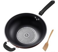 German Diamond Wok Poêle à frire antiadhésive en fer raffiné multicouche pour cuisinière à induction et à gaz, légère de 30 cm avec spatule en bois, noir (A-34 cm)