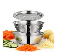 German Quality 3-in-1 Stainless Steel Grater Bowl Set for Kitchen Food Prep Washing Draining Slicing Space Saving Cooking Tool (24 cm)