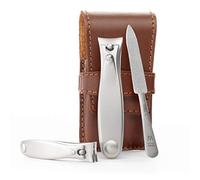 GERMANIKURE Ensemble coupe-ongles et lime à ongles saphir dans un étui en cuir marron - Fabriqué de manière éthique à Solingen en Allemagne - Outils en acier inoxydable Finox - Kit de manucure et pédicure de qualité professionnelle pour homme