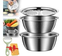 Germany Multifunctional Stainless Steel Basin, 3 in 1 Stainless Steel Shredding & Drainage Chopping Basin with Grater and Drain Basket for Rice Rinsers and Vegetables Fruits Graters (XL-30cm/11.81in)