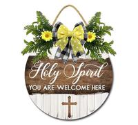 Geroclonup Décoration de porte d'entrée « Holy Spirit You Are Welcome Here » - 27,9 cm - Rond - Décoration murale religieuse en bois - Panneau de bienvenue pour la maison chrétienne