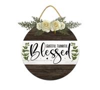 Geroclonup Grateful Thankful Blessed Panneau pour porte d'entrée, couronnes rondes en bois rustique, décoration murale, décoration d'extérieur, porche, décoration de clôture, cadeau pour la maison et