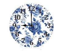 Geroclonup Horloge murale en bois avec fleurs bleues et blanches - Sans cadre - Fonctionnement à piles - Quartz silencieux - Lettres de l'alphabet - Style shabby chic - Pour salon, bureau, maison