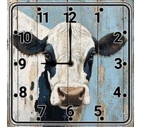 Geroclonup Horloge murale en bois de vache de ferme avec aiguille des heures noire, silencieuse, sans tic-tac, horloge murale carrée en bois pour décoration de maison, ferme, chambre à coucher, 25 cm