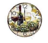 Geroclonup Horloge murale en forme de tonneau de vin, fromage, raisins mûrs, bouteilles de vin, verres en bois, silencieuse, sans tic-tac, fonctionne à piles, horloge ronde vintage pour salon, chambre