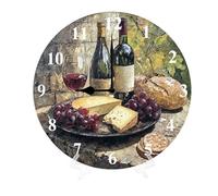 Geroclonup Horloge murale en forme de tonneau de vin, fromage, raisins mûrs, bouteilles de vin, verres en bois, silencieuse, sans tic-tac, fonctionne à piles, horloge ronde vintage pour salon, chambre