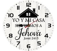 Geroclonup Horloge murale espagnole « Yo y mi Casa Serviremos A Jehova » - Décoration murale chrétienne - Horloge ronde en bois pour chambre à coucher, cuisine, décoration d'intérieur