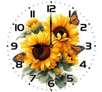 Geroclonup Horloge murale ronde en bois avec tournesol et papillon - 25 cm - Fonctionnement à piles - Silencieuse - Sans tic-tac - Décoration murale pour maison de ferme, salon, chambre à coucher