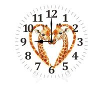 Geroclonup Horloges murales rondes girafes cœur en bois à quartz fonctionne à piles rustique décoration d'intérieur pour salon, cuisine, chambre à coucher, salle de bain, grands chiffres silencieux
