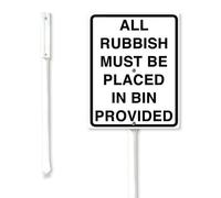 Geroclonup Panneau de cour « All Rubbish Must Be Placed In Bin Provided » - 17,5 x 22 cm - En aluminium robuste - Décoration de jardin antirouille - Panneau de pelouse sur pied pour une utilisation en