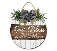 Geroclonup Panneau « God Bless This Home and All Who Enter » pour porte d'entrée, couronnes amusantes à suspendre, décoration ronde en bois rustique pour porche de ferme, décoration de porte d'entrée,