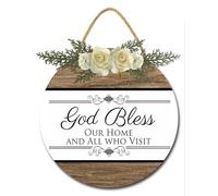 Geroclonup Panneau « God Bless This Home And All Who Enter » pour porte d'entrée, porche rustique, rond, en bois, à suspendre, décoration murale pour la maison