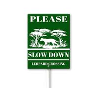 Geroclonup Panneau « Please Slow Down Leopard Crossing » avec piquet en métal pour quartiers, cour, ferme, en aluminium, 11,7 x 15,2 cm, décoration de pelouse, allée, panneaux d'animaux