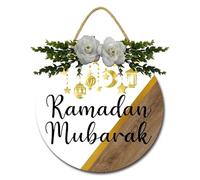 Geroclonup Panneau Ramadan Mubarak pour porte d'entrée de l'Aïd Al Fitr - Couronne ronde en bois à suspendre pour porte, mur, fenêtre, porche - 30 cm