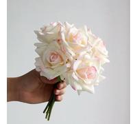 GeRRiT Bouquet de roses hydratantes à 5 têtes bouclées au toucher réaliste, bouquet de mariage, fleurs artificielles, décoration d'intérieur, fête, événement, bord blanc et rose