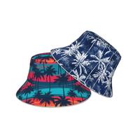 GeRRiT Chapeau bob de plage d'été réversible chapeau de pêcheur double face à porter pour femmes, hommes, garçons et filles, Palmier tropical hawaïen bleu, taille unique