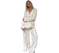 Gerrit Ensemble Pyjama Femme Coton imprimé Coeur Deux pièces, Chemise boutonnée à Manches Longues et Pantalon Large (Color : White, Size : Small)
